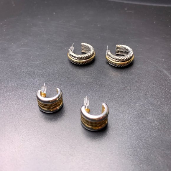 Two Tone Hoop Earrings Lot Silver Gold Color Mixed Metal Pierced - Picture 6 of 9